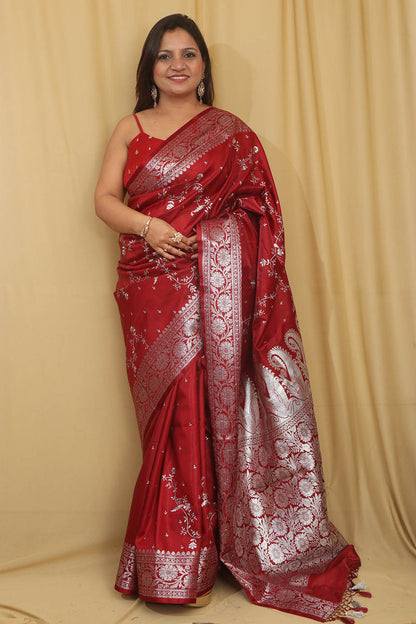 Elegant Maroon Banarasi Embroidered Satin Silk Saree - Luxurion World