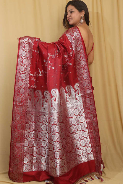 Elegant Maroon Banarasi Embroidered Satin Silk Saree - Luxurion World