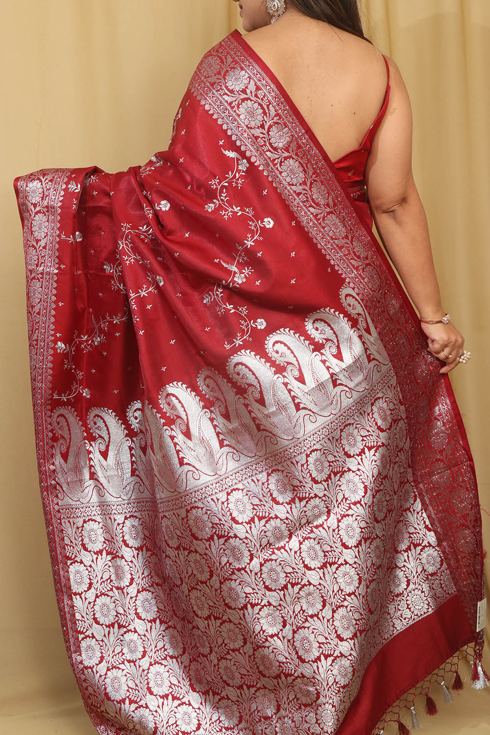 Elegant Maroon Banarasi Embroidered Satin Silk Saree - Luxurion World