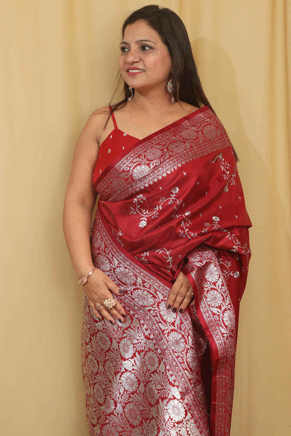 Elegant Maroon Banarasi Embroidered Satin Silk Saree - Luxurion World