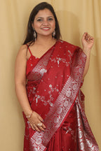 Elegant Maroon Banarasi Embroidered Satin Silk Saree - Luxurion World