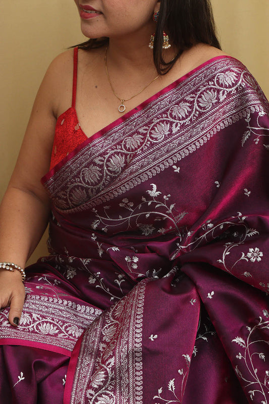 Regal Purple Banarasi Silk Saree with Embroidery - Luxurion World