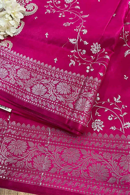 Pretty in Pink: Banarasi Embroidered Satin Silk Saree - Luxurion World