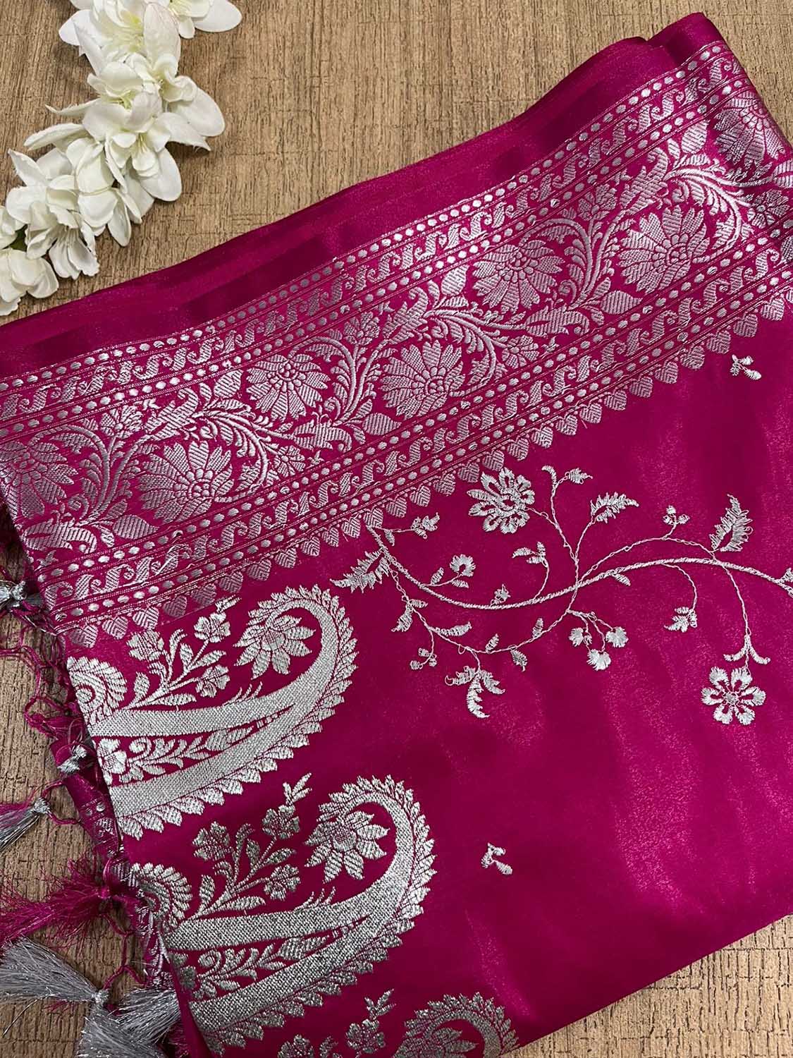 Pretty in Pink: Banarasi Embroidered Satin Silk Saree - Luxurion World