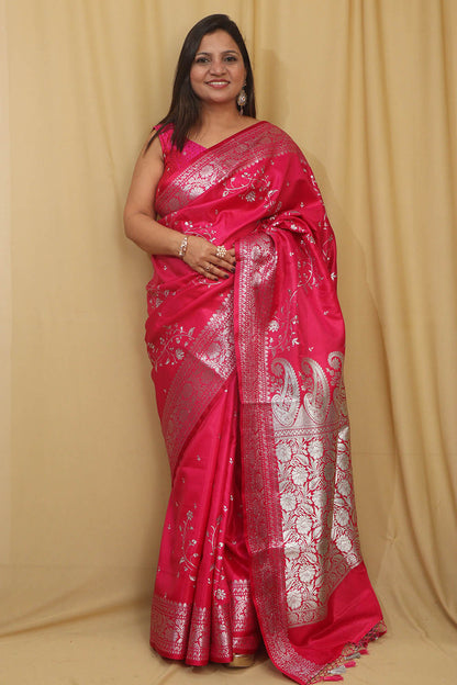 Pretty in Pink: Banarasi Embroidered Satin Silk Saree - Luxurion World