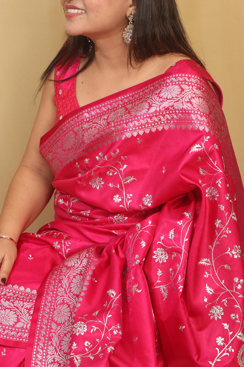 Pretty in Pink: Banarasi Embroidered Satin Silk Saree - Luxurion World
