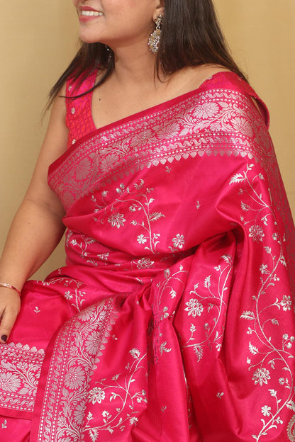Pretty in Pink: Banarasi Embroidered Satin Silk Saree - Luxurion World