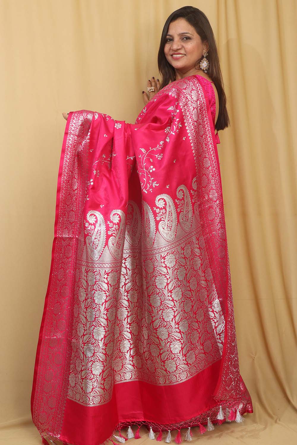 Pretty in Pink: Banarasi Embroidered Satin Silk Saree - Luxurion World