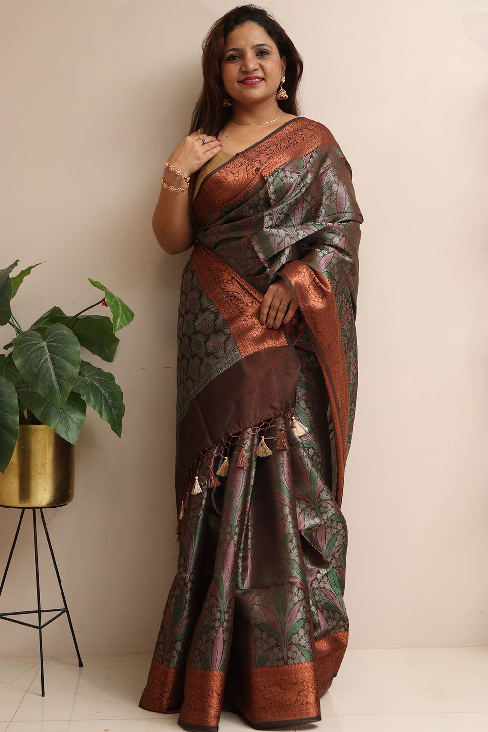 Elegant Brown Banarasi Silk Saree - Luxurion World