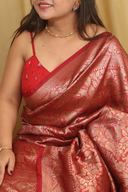 Stunning Red Banarasi Silk Shikargah Saree - Elegant and Timeless - Luxurion World