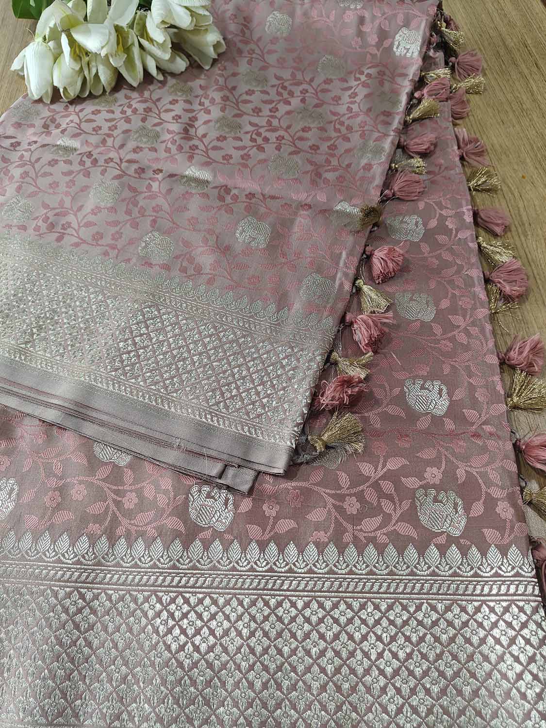 Onion Pink Banarasi Mashru Silk Elephant Design Saree - Luxurion World
