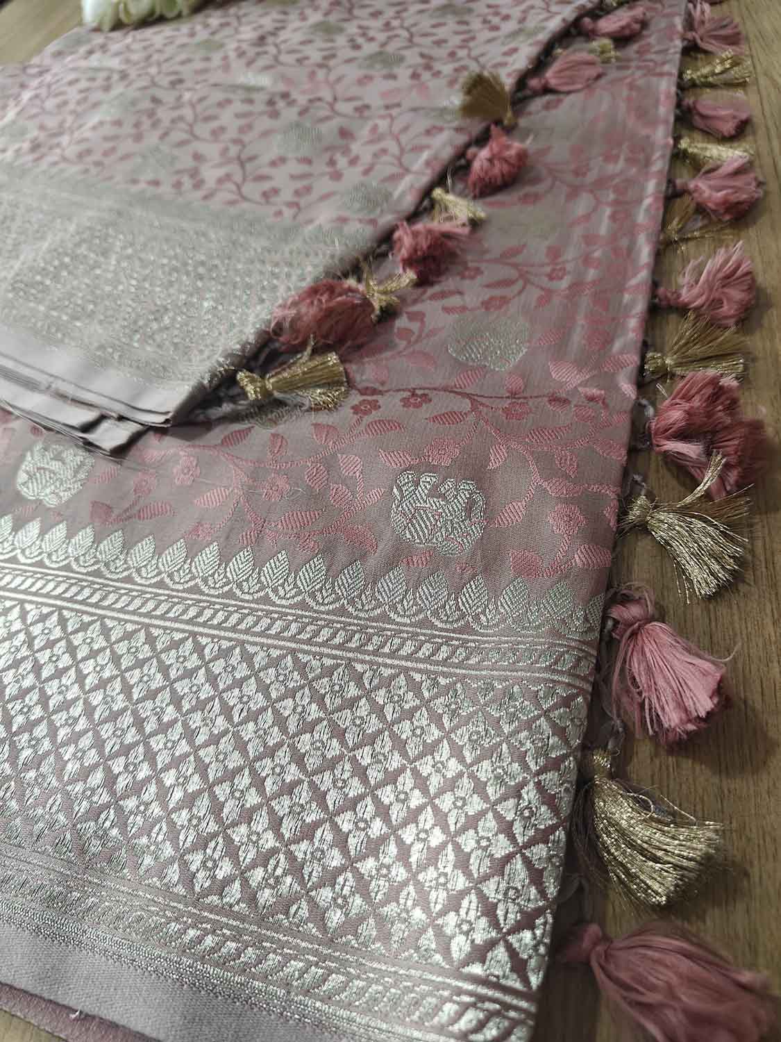 Onion Pink Banarasi Mashru Silk Elephant Design Saree - Luxurion World