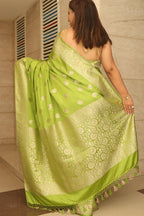 Green Banarasi Mashru Silk Flower Design Saree - Luxurion World
