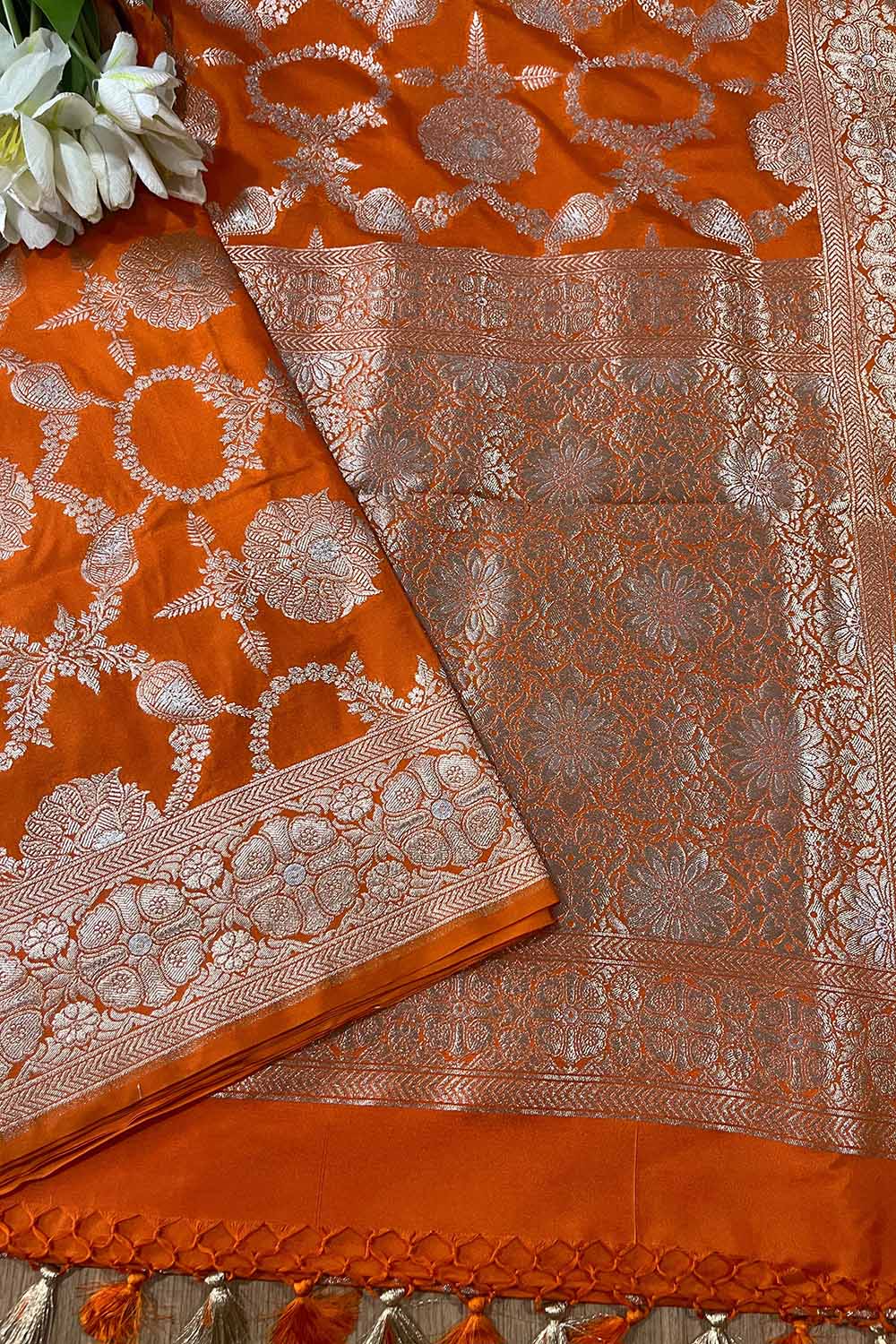 Orange Banarasi Silk Flower Design Sona roopa Saree - Luxurion World