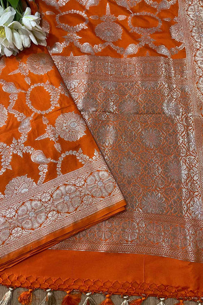 Orange Banarasi Silk Flower Design Sona roopa Saree - Luxurion World