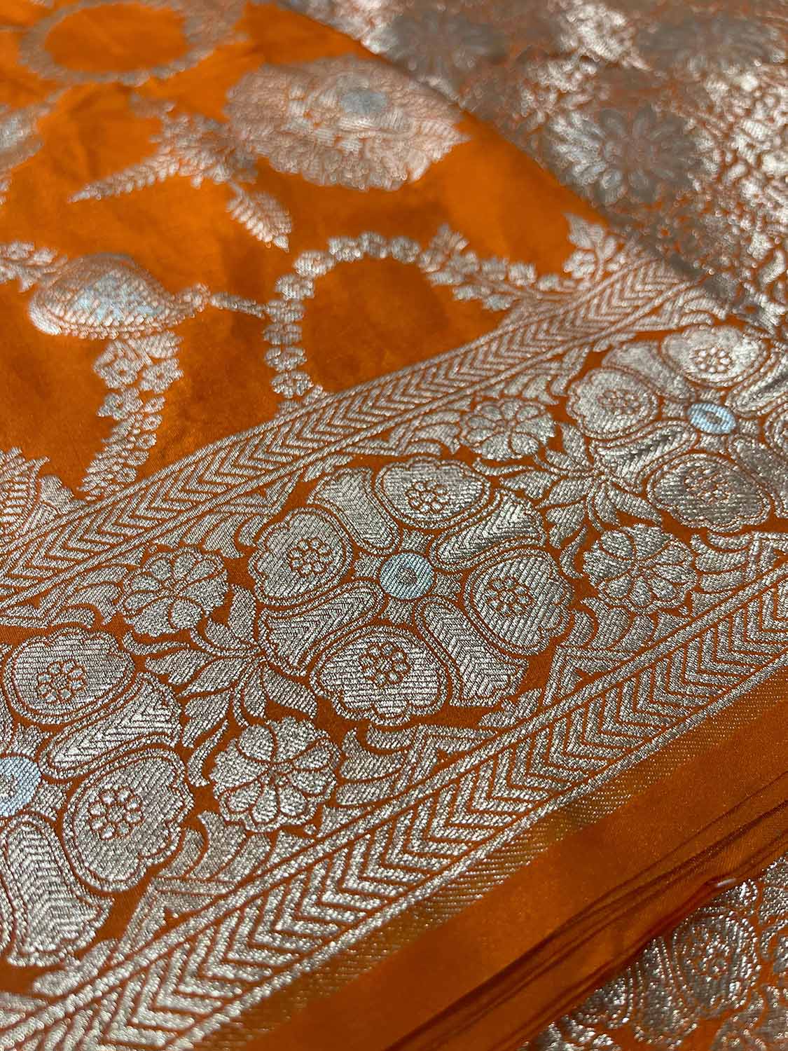 Orange Banarasi Silk Flower Design Sona roopa Saree - Luxurion World