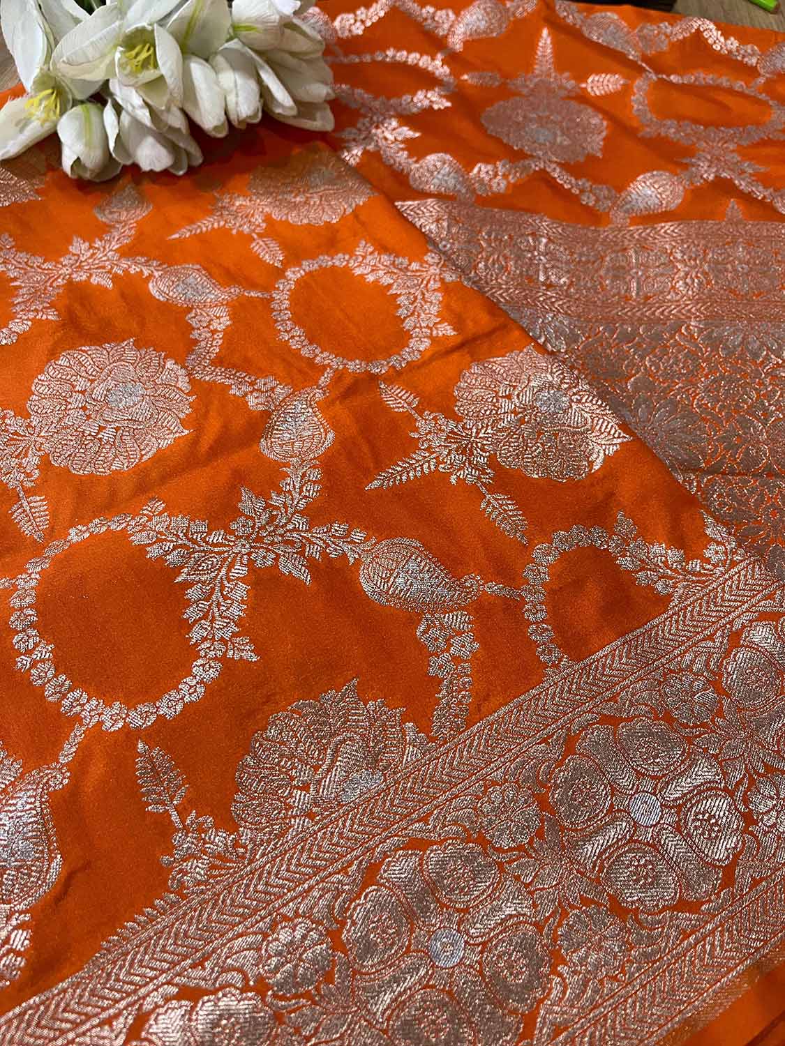 Orange Banarasi Silk Flower Design Sona roopa Saree - Luxurion World
