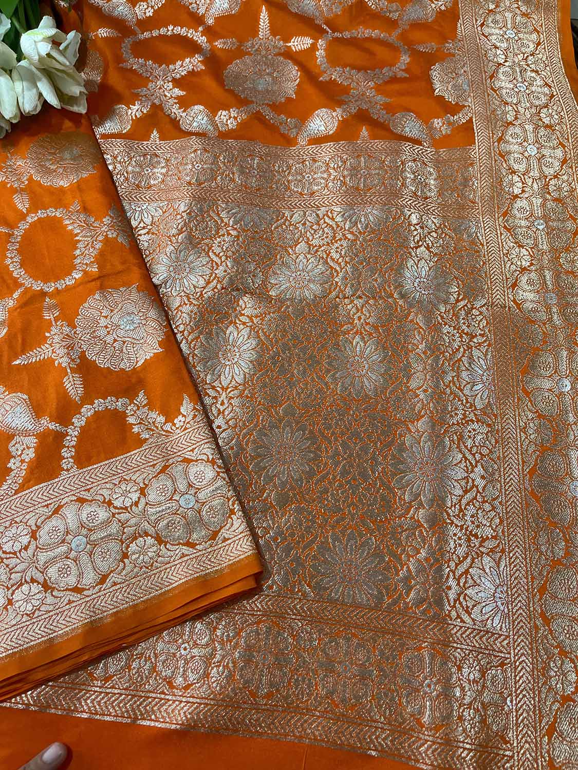 Orange Banarasi Silk Flower Design Sona roopa Saree - Luxurion World