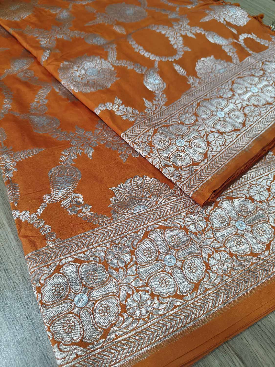 Orange Banarasi Silk Flower Design Sona roopa Saree - Luxurion World