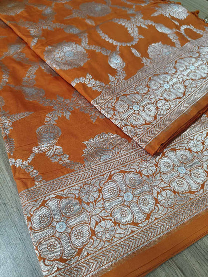 Orange Banarasi Silk Flower Design Sona roopa Saree - Luxurion World