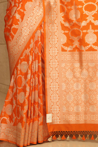 Orange Banarasi Silk Flower Design Sona roopa Saree - Luxurion World