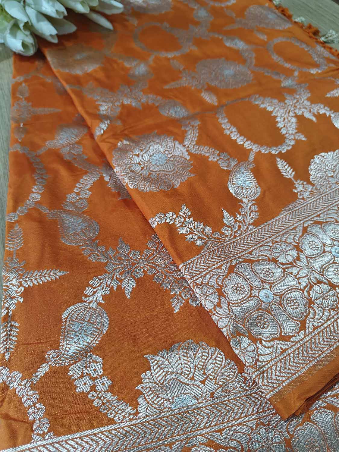 Orange Banarasi Silk Flower Design Sona roopa Saree - Luxurion World