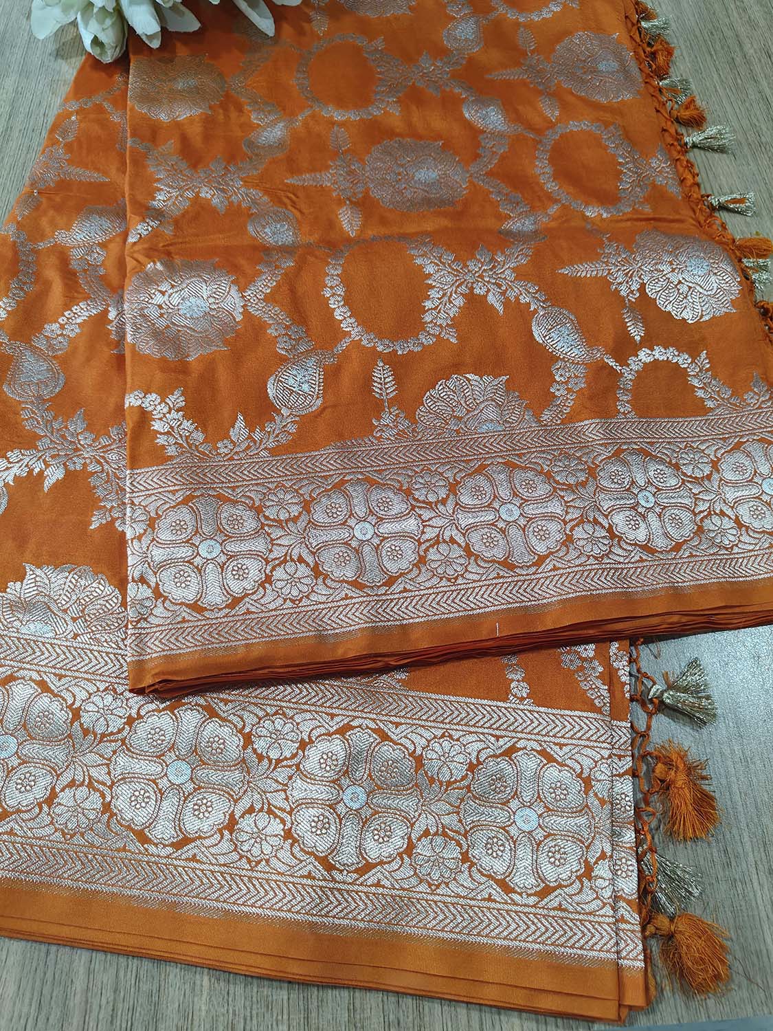 Orange Banarasi Silk Flower Design Sona roopa Saree - Luxurion World