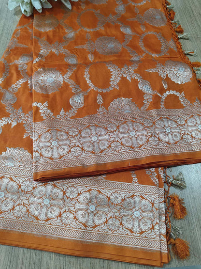 Orange Banarasi Silk Flower Design Sona roopa Saree - Luxurion World