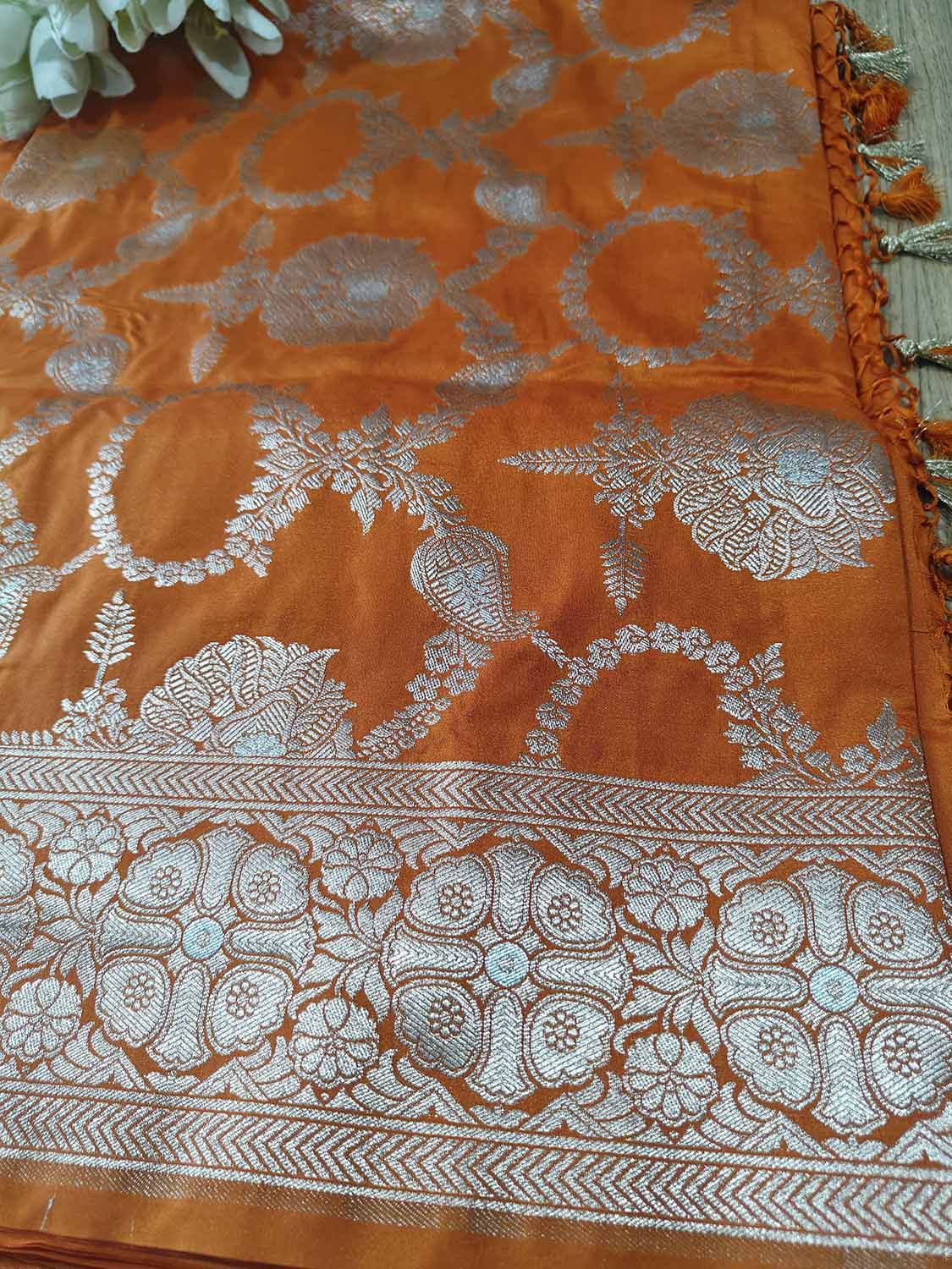 Orange Banarasi Silk Flower Design Sona roopa Saree - Luxurion World