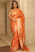 Orange Banarasi Silk Flower Design Sona roopa Saree - Luxurion World