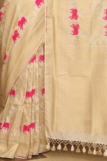Dyeable Banarasi Mashru Silk Cow Design Saree - Luxurion World
