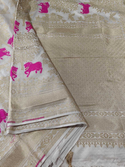 Dyeable Banarasi Mashru Silk Cow Design Saree - Luxurion World