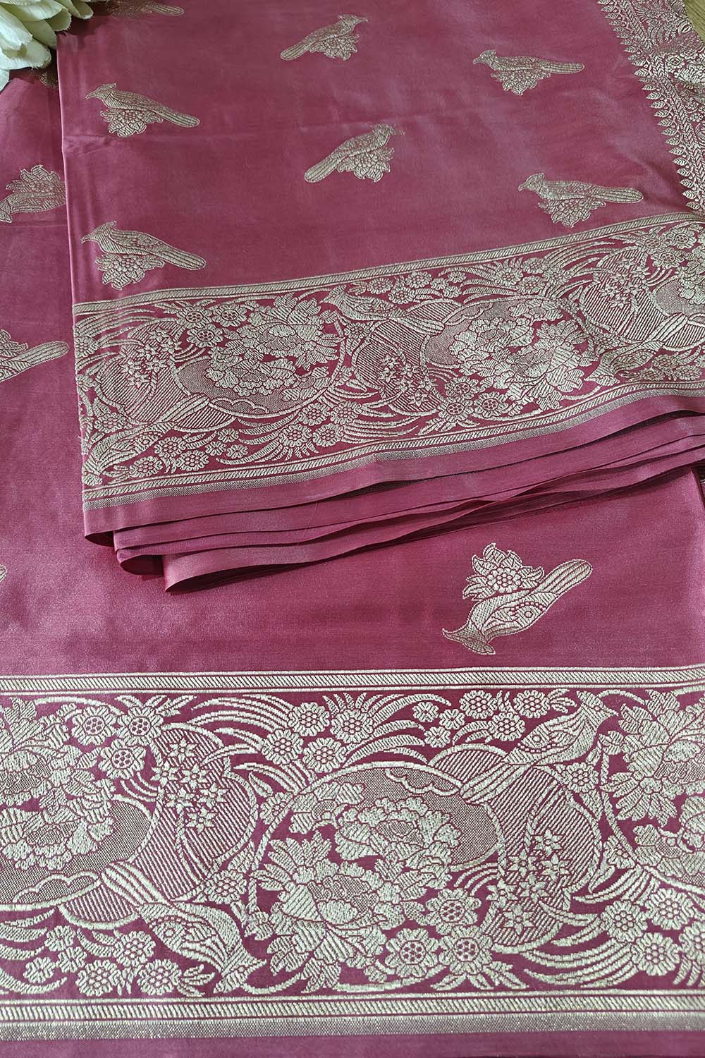 Onion Pink Banarasi Mashru Silk Bird Design Saree - Luxurion World