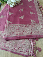 Onion Pink Banarasi Mashru Silk Bird Design Saree - Luxurion World