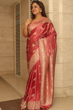 Onion Pink Banarasi Mashru Silk Bird Design Saree - Luxurion World