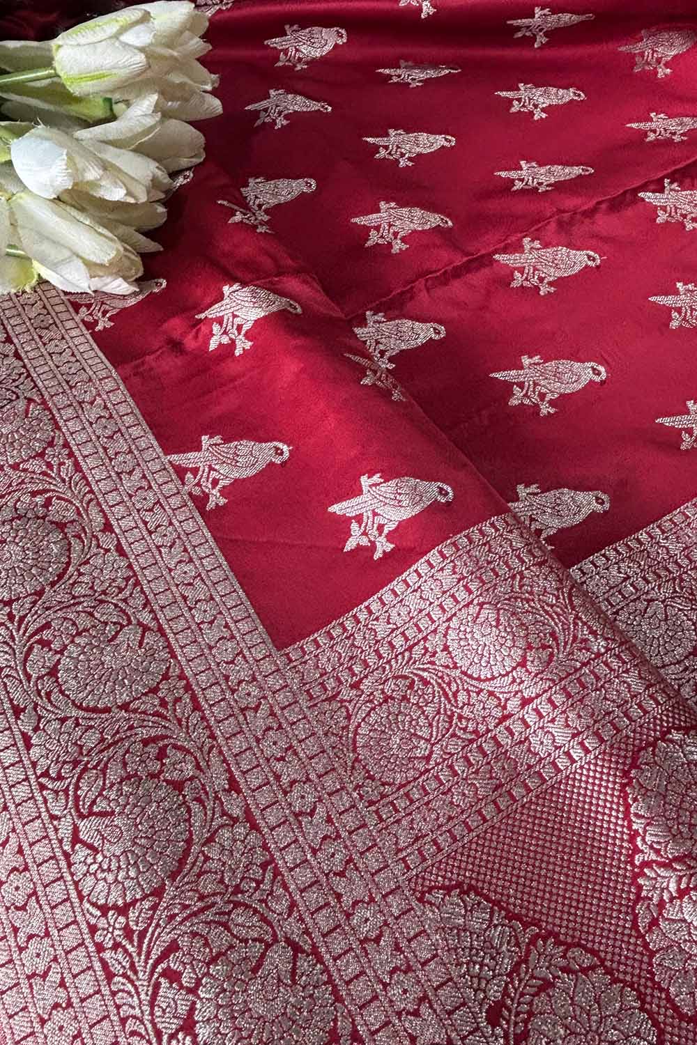 Maroon Banarasi Mashru Silk Bird Design Saree - Luxurion World