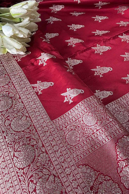 Maroon Banarasi Mashru Silk Bird Design Saree - Luxurion World
