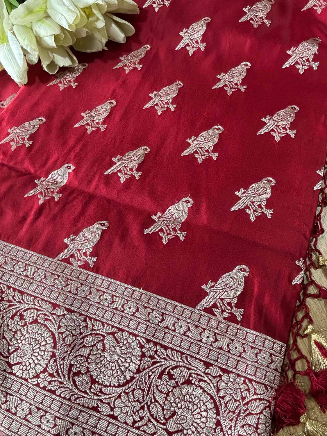 Maroon Banarasi Mashru Silk Bird Design Saree - Luxurion World