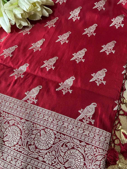 Maroon Banarasi Mashru Silk Bird Design Saree - Luxurion World