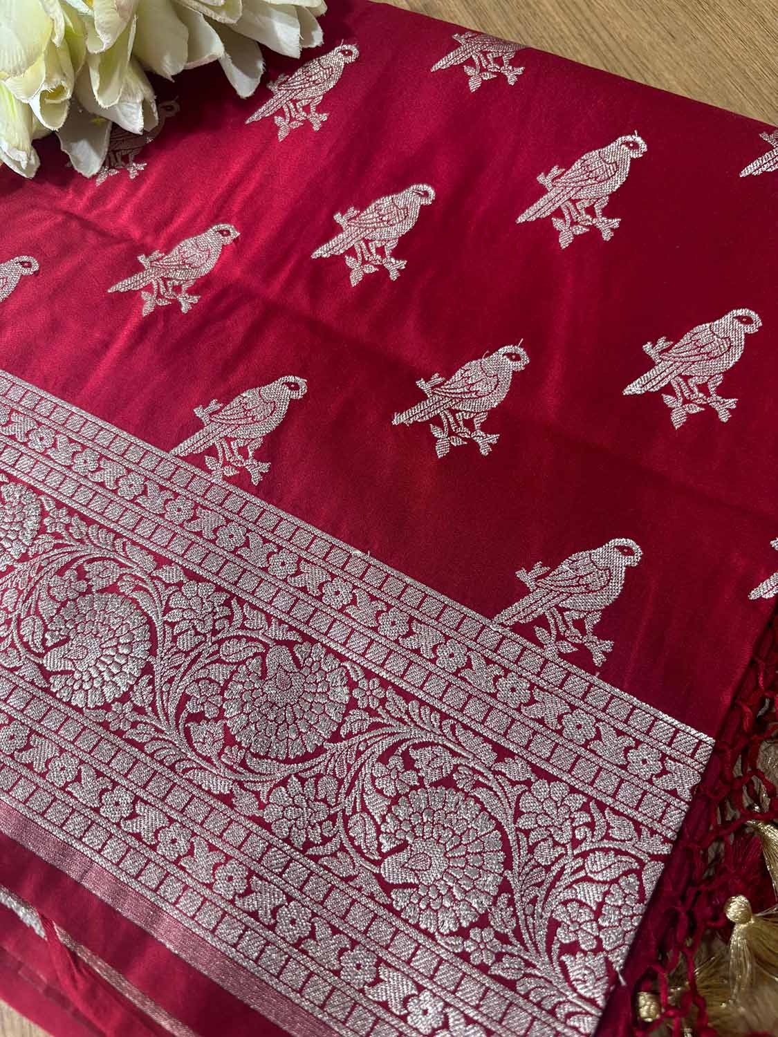 Maroon Banarasi Mashru Silk Bird Design Saree - Luxurion World