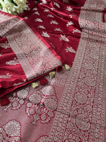 Maroon Banarasi Mashru Silk Bird Design Saree - Luxurion World