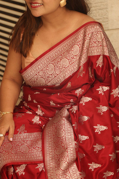 Maroon Banarasi Mashru Silk Bird Design Saree - Luxurion World