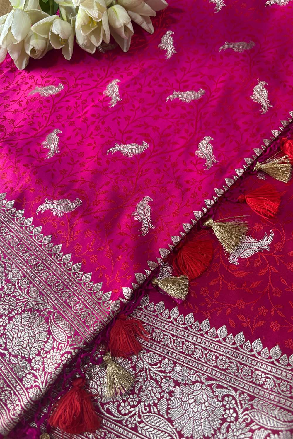 Pink Banarasi Mashru Silk Bird Design Saree - Luxurion World