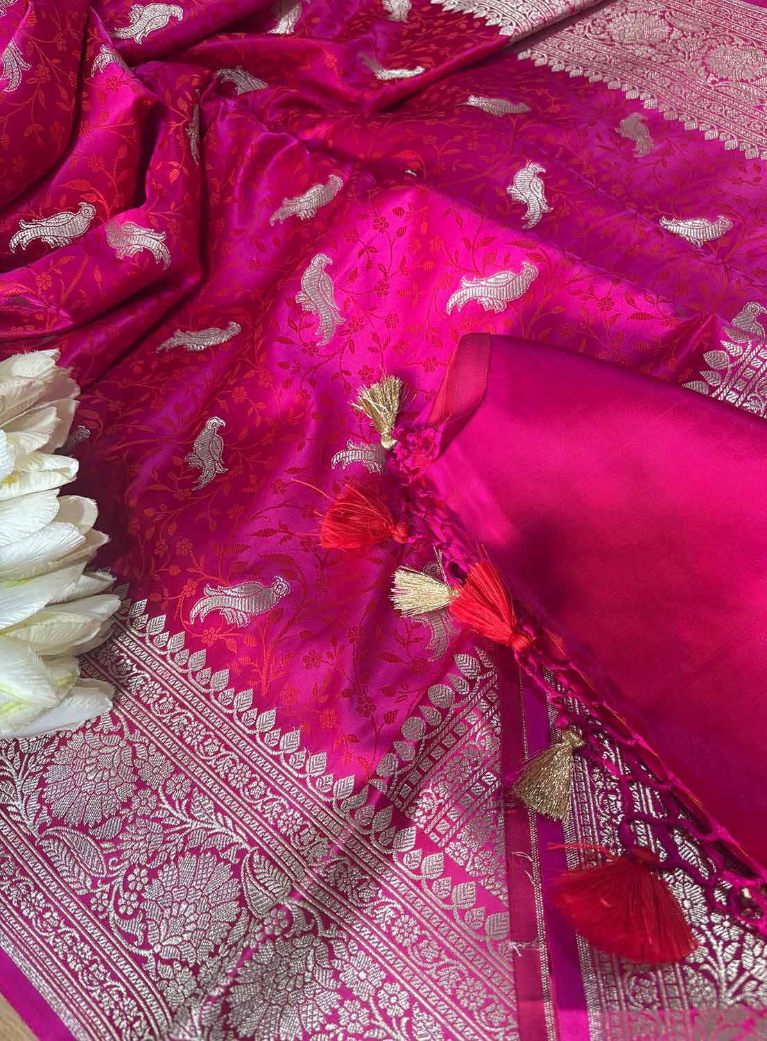 Pink Banarasi Mashru Silk Bird Design Saree - Luxurion World