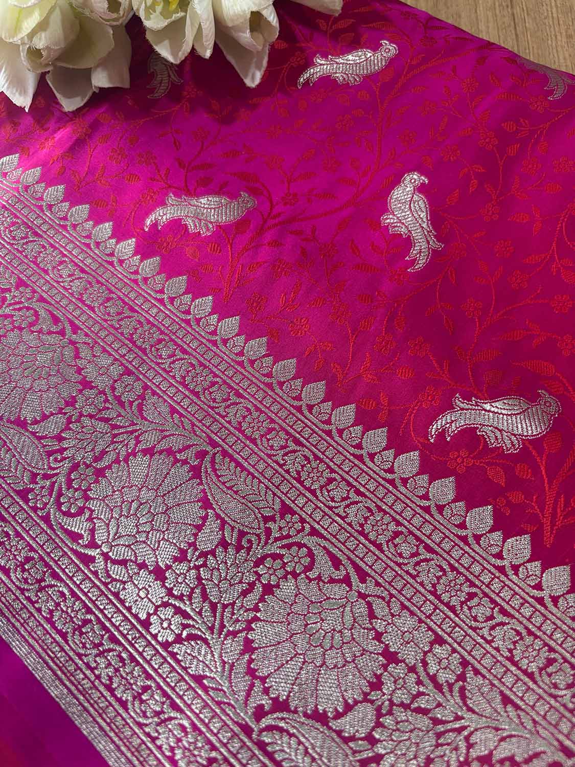 Pink Banarasi Mashru Silk Bird Design Saree - Luxurion World