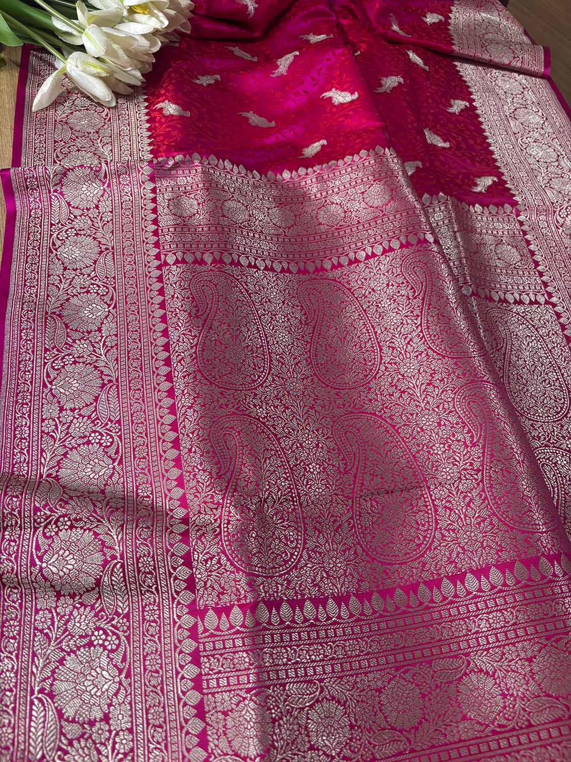 Pink Banarasi Mashru Silk Bird Design Saree - Luxurion World