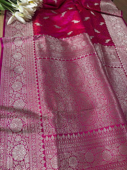 Pink Banarasi Mashru Silk Bird Design Saree - Luxurion World