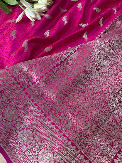 Pink Banarasi Mashru Silk Bird Design Saree - Luxurion World