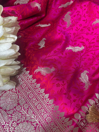 Pink Banarasi Mashru Silk Bird Design Saree - Luxurion World
