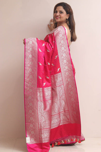Pink Banarasi Mashru Silk Bird Design Saree - Luxurion World